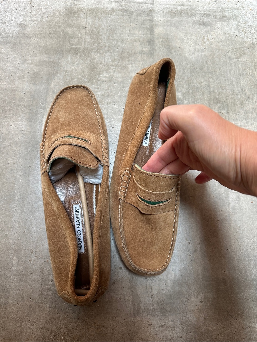 Manolo Blahnik Suede Tan Penny Loafers